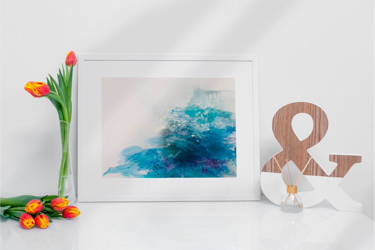 Print of painting titled At Sea. In white frame with white mat.