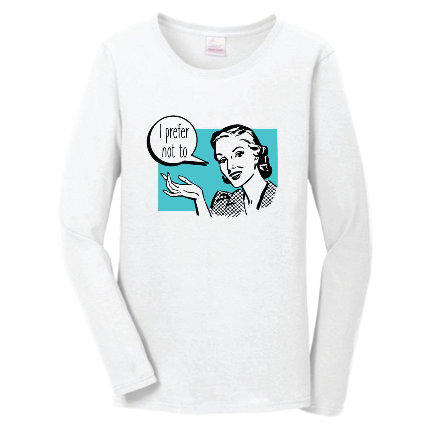 women's long-sleeved t-shirt with retro design and refence to Herman Melville and Bartleby white with teal and black print