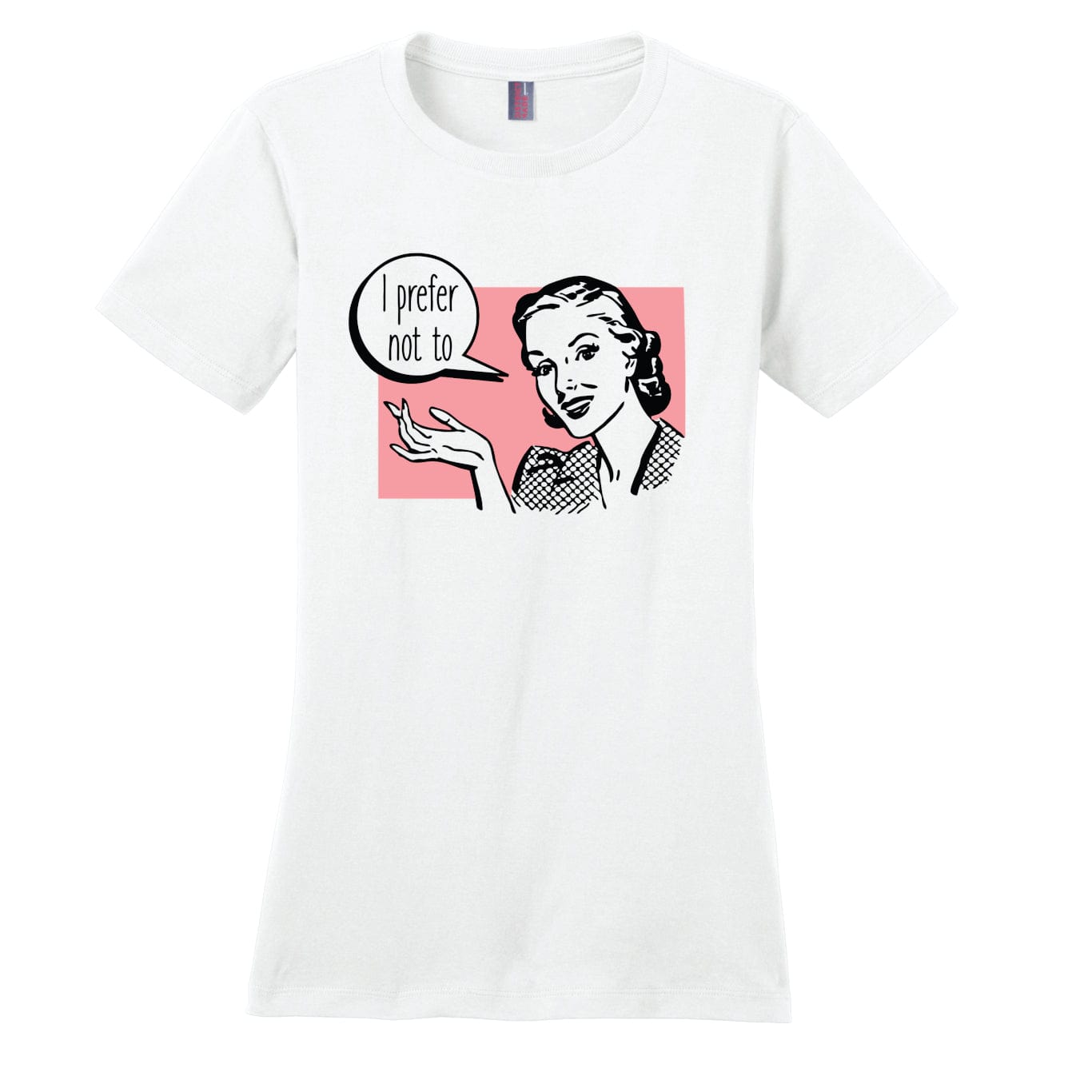 white women's t-shirt with retro design and refence to Herman Melville and Bartleby white with pink and black print