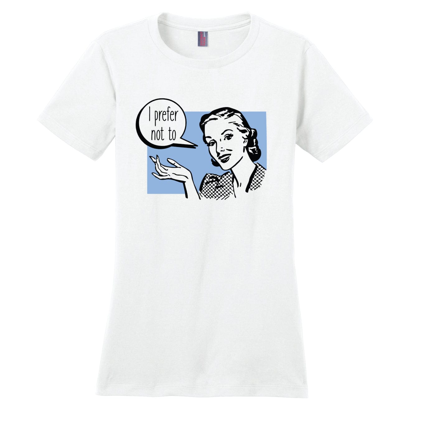 white women's t-shirt with retro design and refence to Herman Melville and Bartleby white with powder blue and black print