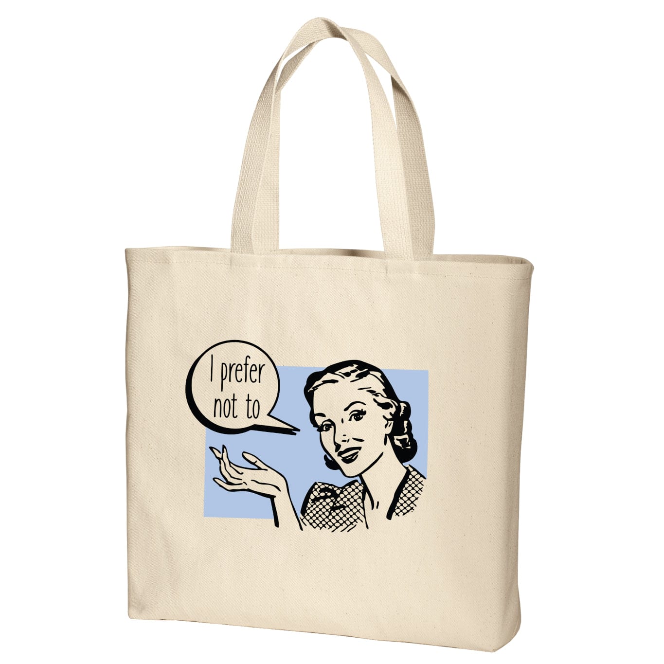 canvas tote with retro design and refence to Herman Melville and Bartleby white with powder blue and black print