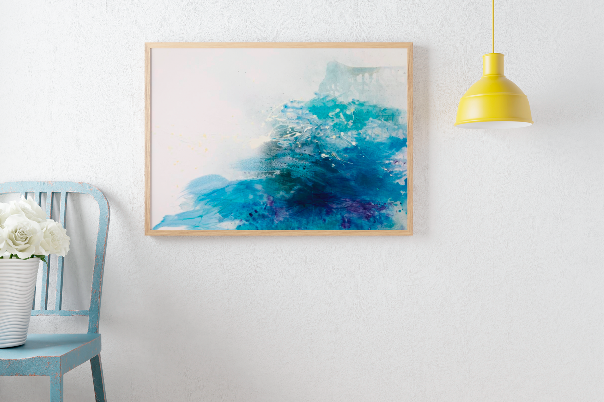 At Sea original mixed media abstract painting by Mary Ann Gabriel.   Measures 36" high 48" across.  This is a mock up of how it might look in your home.