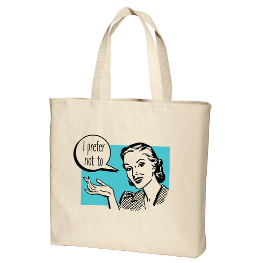 canvas tote with retro design and refence to  Herman Melville and Bartleby  white with teal and black print