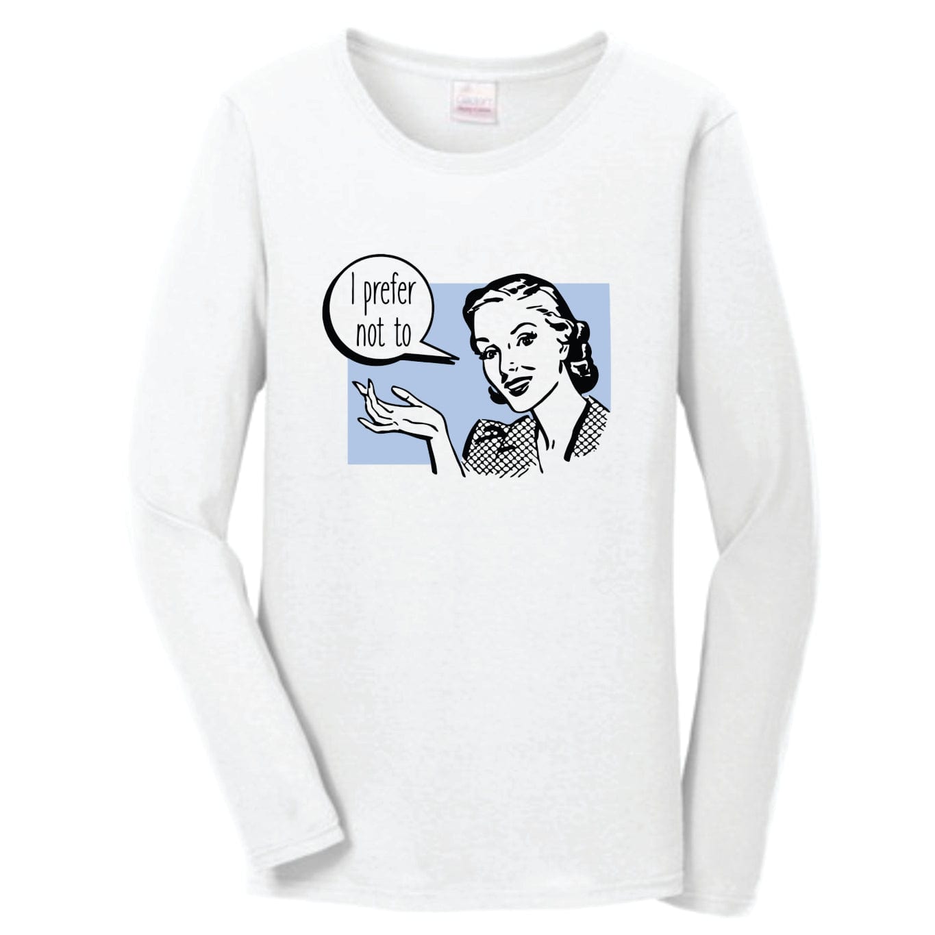 women's long-sleeved t-shirt  with retro design and refence to  Herman Melville and Bartleby  white with powder blue and black print